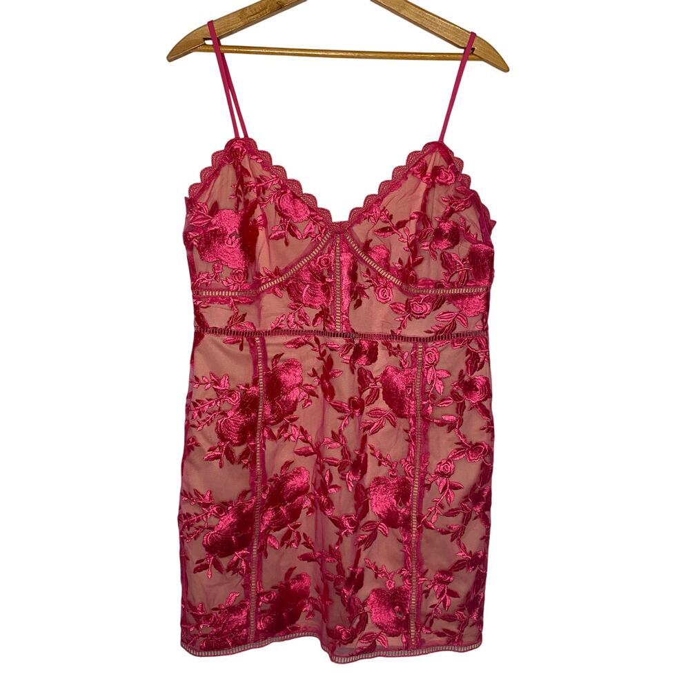 Lulu's Hot Pink Floral Embroidered Mesh Mini Dress